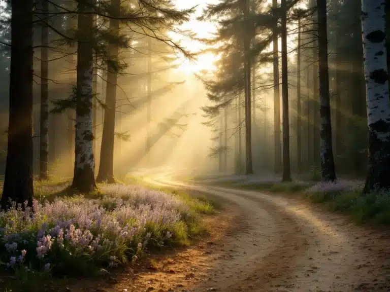 Dennenbos in Veluwe met ochtendmist, zonnestralen door bladerdek, zandpad tussen heide en berken