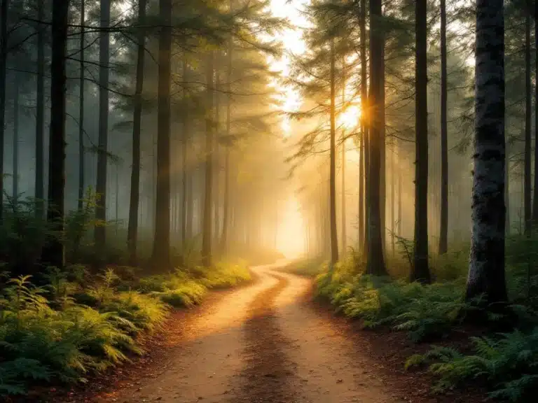 Mistige ochtend in het Veluwse bos met dennenbomen, berkenbomen en zandpad in gouden zonlicht