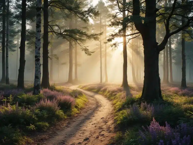 Mistige ochtend in het Veluwse bos met zonnestralen door dennenbomen, paarse heide en zandpad in de nevel