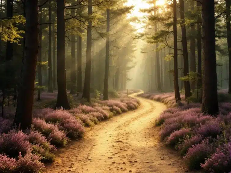 Bospad door Veluwe bos met zonnestralen, paarse heide en dennenbomen in gouden ochtendlicht
