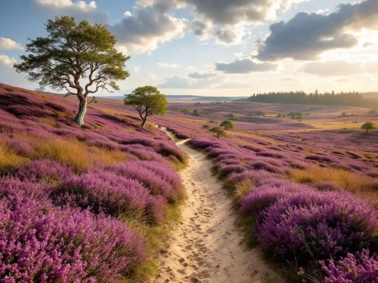 Paarse heide strekt zich uit naar horizon met berken en zandpad, ochtendlicht creëert dramatische schaduwen over landschap
