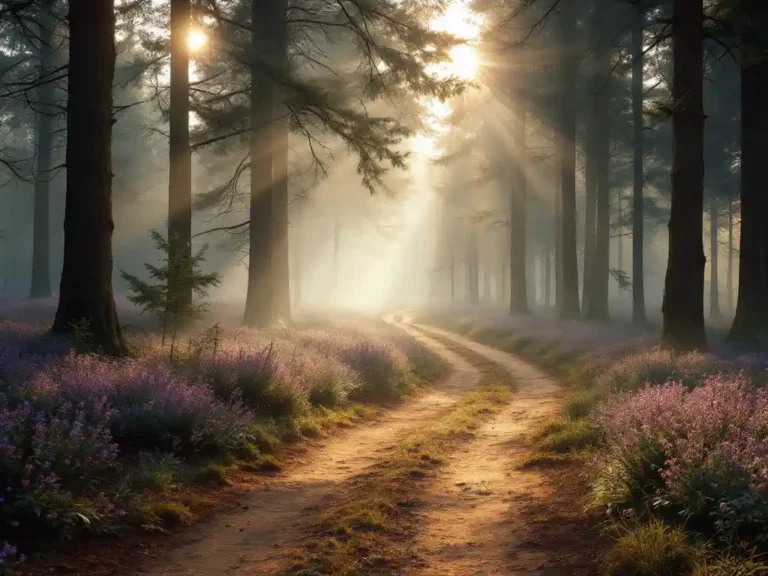 Mistig bospad door Veluwe dennenbos met gouden zonlicht en paarse heide langs zandpad