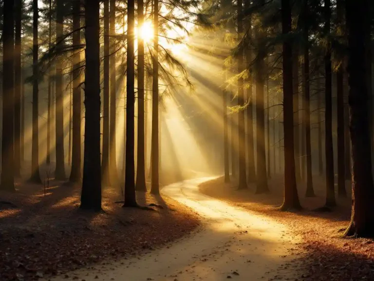 Zandpad door dennenbos in de Veluwe met zonnestralen door ochtendmist en gouden licht tussen de bomen