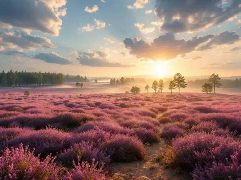 Paarse heide in bloei op de Veluwe tijdens gouden uurtje met dennenbossen en ochtendmist op de achtergrond