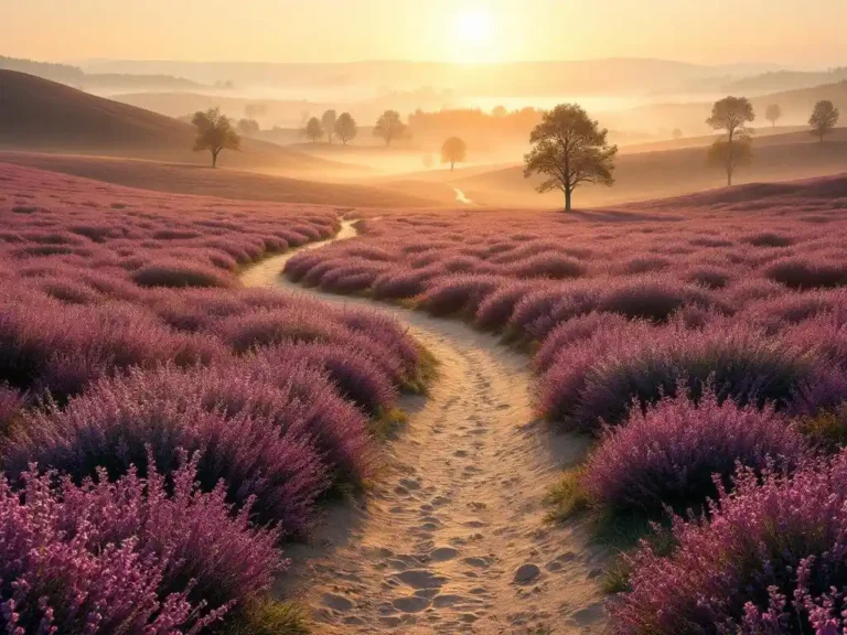 Paarse heide in de Veluwe met zandpad, berkenbomen en gouden ochtendlicht door mist