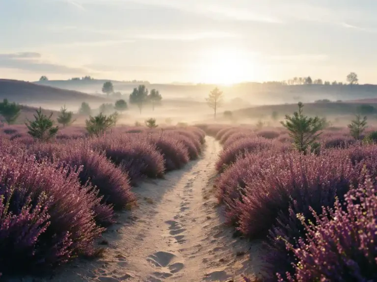 Paarse heide in bloei in de Veluwe met zandpad, ochtendmist en gouden zonlicht door heuvels en jeneverbesstruiken