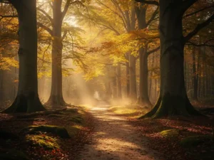 Bemoste bospad tussen oude beukenbomen op de Veluwe, met gouden ochtendlicht door het bladerdak en lichte mist boven de grond.