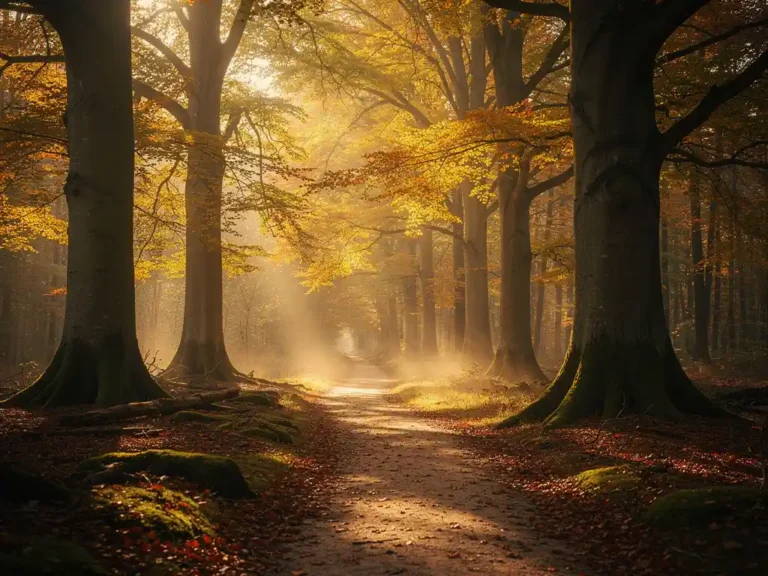 Bemoste bospad tussen oude beukenbomen op de Veluwe, met gouden ochtendlicht door het bladerdak en lichte mist boven de grond.