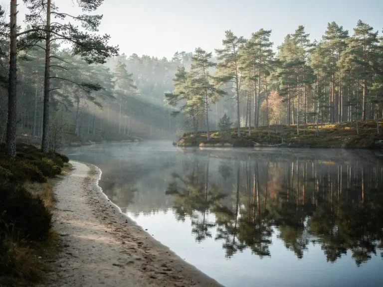Bosven omgeven door Schotse dennen weerspiegeld in stil donker water, smal zandpad langs de oever in mistig ochtendlicht.