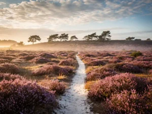 Paarse heide in gouden ochtendlicht met een zandpad naar de horizon, windgebogen dennen op de richel en lichte grondmist in de laagte.