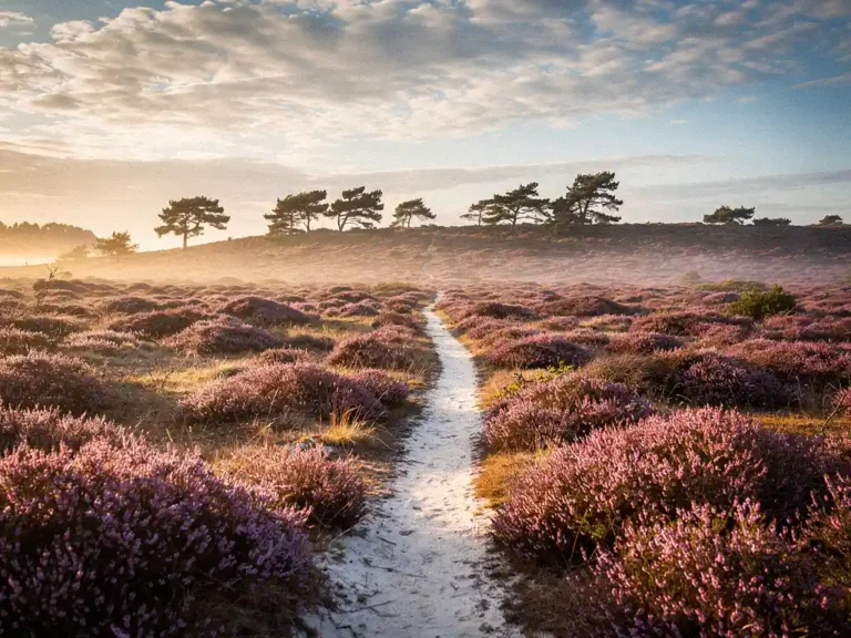 Paarse heide in gouden ochtendlicht met een zandpad naar de horizon, windgebogen dennen op de richel en lichte grondmist in de laagte.