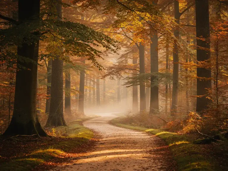 Kronkelend bospad door hoge eiken en beuken met gouden herfstbladeren, ochtendmist tussen de stammen en zacht tegenlicht.