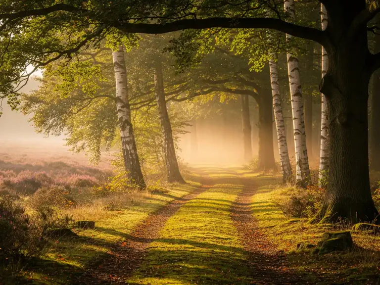 Bospad door eeuwenoude eiken en berken in de Hoge Veluwe, goudkleurig ochtendlicht filtert door het bladerdak op een tapijt van mos.