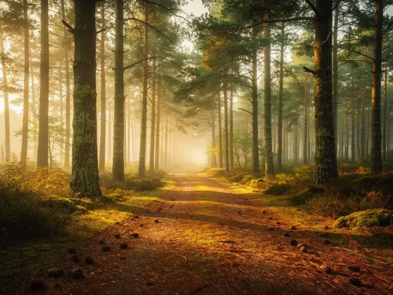 Mistig bospad tussen hoge dennenbomen op de Veluwe, met gouden ochtendlicht en een tapijt van amberkleurige dennennaalden.
