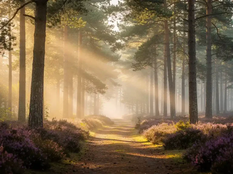 Mistig bospad op de Veluwe met hoge dennenbomen, gouden ochtendlicht en paarse heide op de achtergrond.