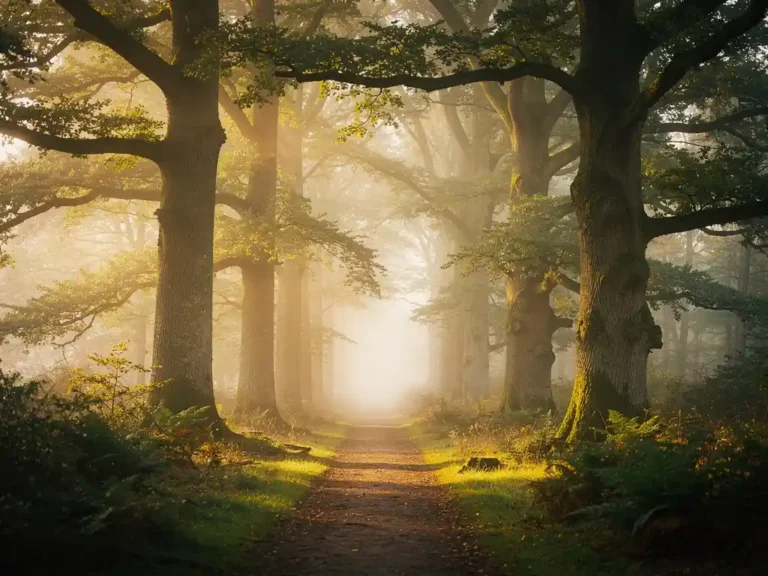 Mistig bospad op de Veluwe tussen mos bedekte eiken, gouden ochtendlicht filtert door het bladerdak.