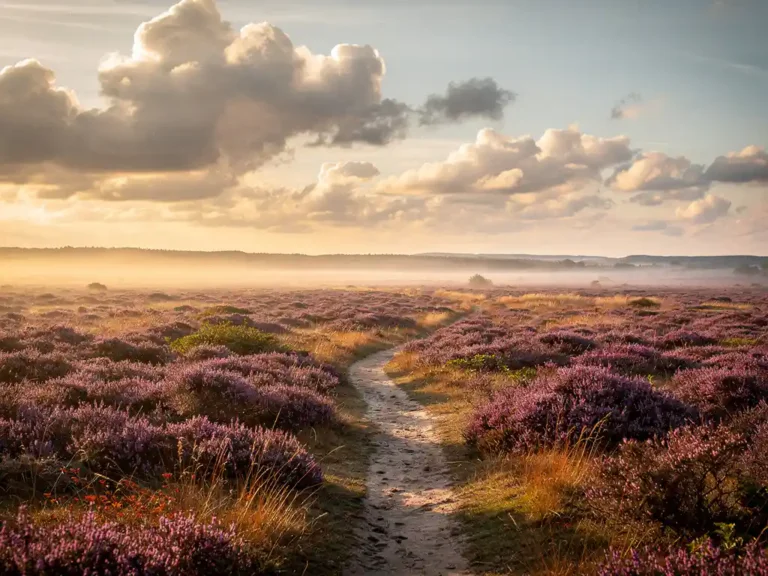Uitgestrekte paarse heide onder een dramatische Hollandse lucht met ochtendmist en gouden zonlicht, smal zandpad verdwijnt in de verte.