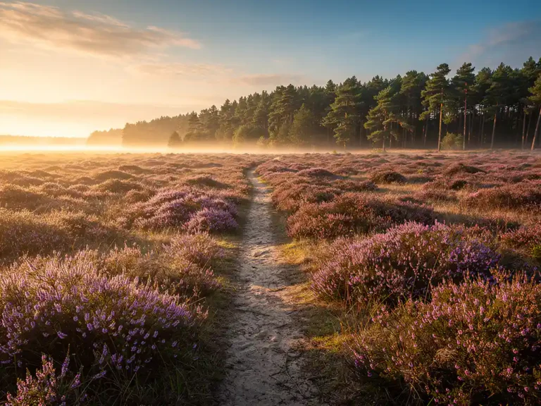 Bloeiende paarse heide op de Veluwe met een zandpad naar het dennenbos, gouden ochtendlicht en lage mist over het landschap.
