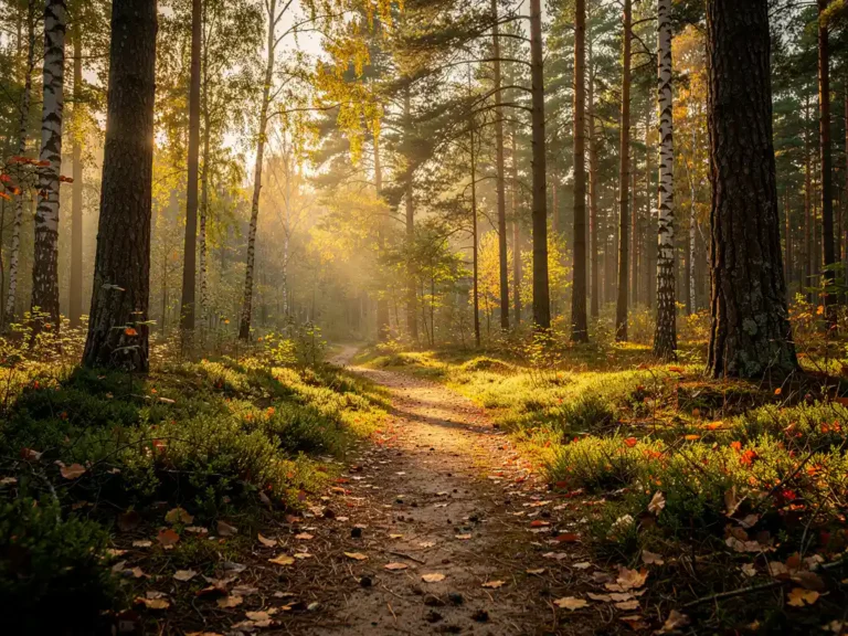Zonnig bospad op de Veluwe met gouden lichtstralen door dennen en berken op een tapijt van mos en bladeren.