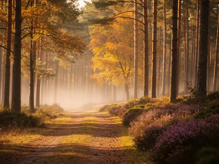 Bospad op de Veluwe omringd door grove dennen, paarse heide en gouden herfstochtendlicht met lichte mist tussen de boomstammen.