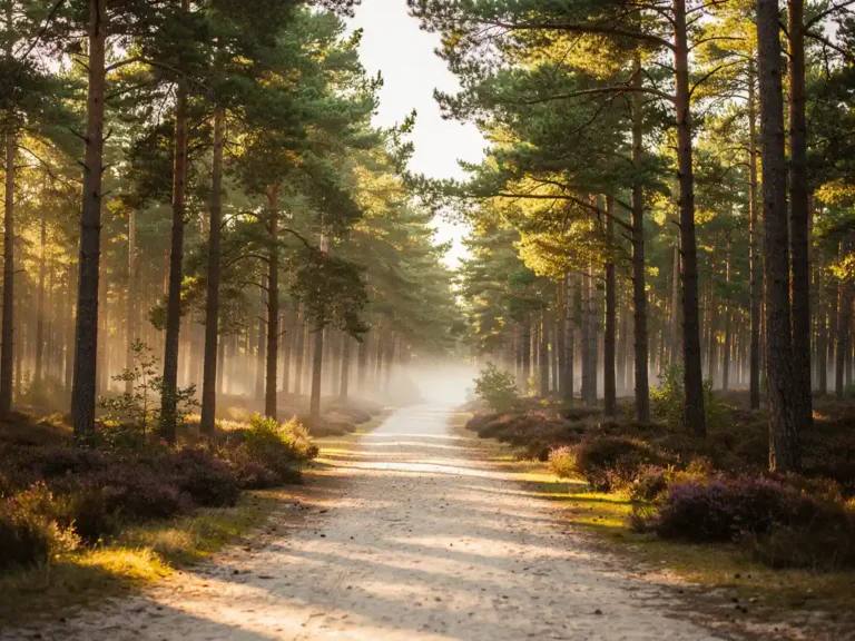 Zandpad door dennenbos op de Veluwe met gouden ochtendlicht, paarse heide en lichte mist tussen de boomstammen.