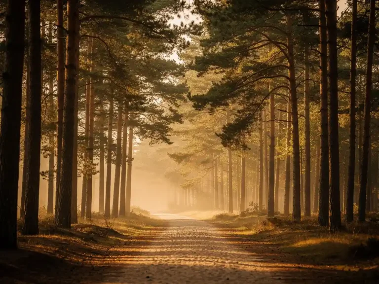 Smal zandpad kronkelend door oude dennenbomen op de Veluwe, met gouden ochtendlicht en lage mist tussen de stammen.