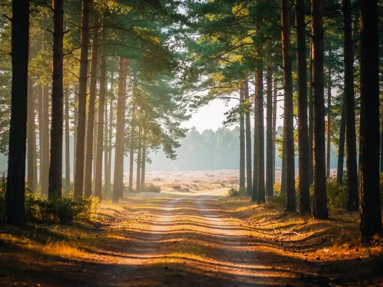 Mistig dennenbospad op de Veluwe met gouden ochtendlicht door het bladerdak op een tapijt van amberkleurige dennennaalden.