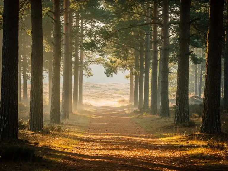 Mistig bospad op de Veluwe tussen oude pijnbomen, gouden ochtendlicht op een tapijt van amberkleurige naalden, heideveld op de achtergrond.