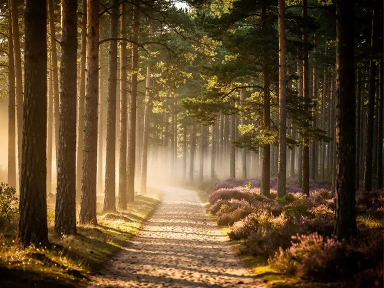 Smal zandpad door dicht dennenbos op de Veluwe, met gouden ochtendlicht, lage mist en paarse heide op de achtergrond.