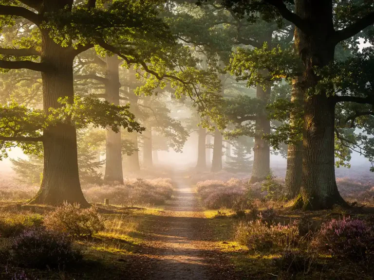 Mistig bospad op de Veluwe met eeuwenoude eiken en dennen, gouden ochtendlicht door het bladerdak en paarse heide in de verte.