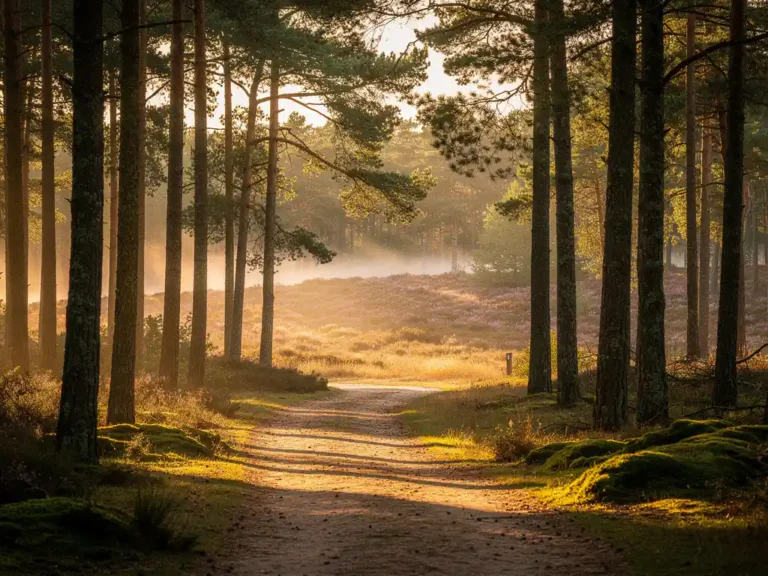 Zandpad door dennenbos op de Veluwe met ochtendmist, gouden zonlicht en paarse heide op de achtergrond.