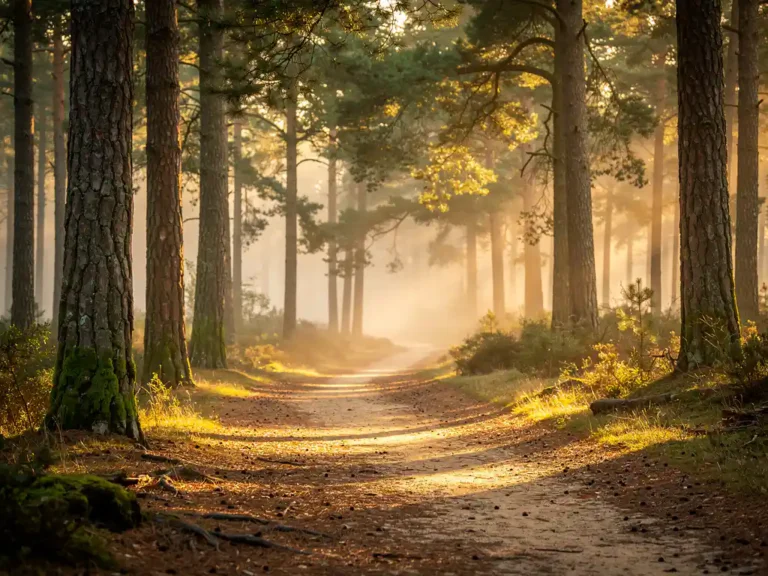 Mistig bospad op de Veluwe tussen hoge grove dennen tijdens het gouden uur, zacht ochtendlicht filtert door het bladerdak op een zanderig pad.
