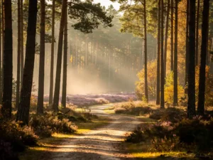 Mistig ochtendlicht door hoge dennenbomen op de Veluwe, gouden zonnestralen op een kronkelend zandpad met paarse heide op de achtergrond.