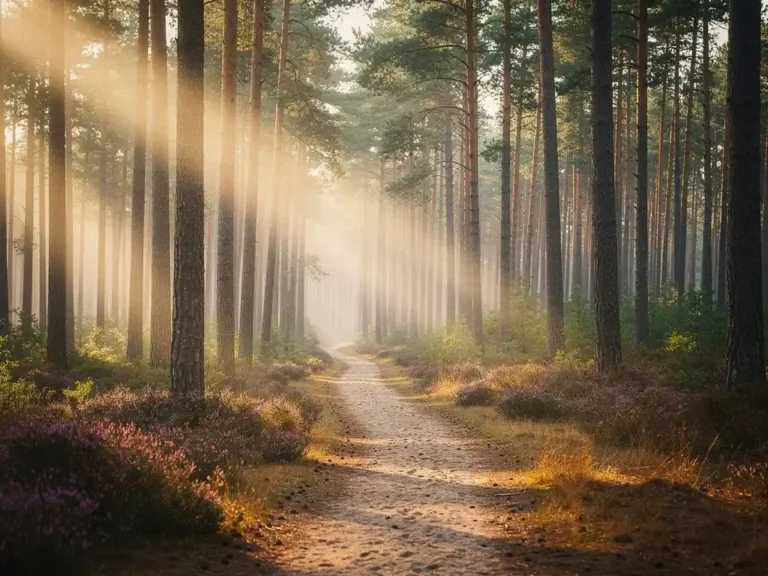 Smal zandpad door hoge Veluwse pijnbomen, met ochtendmist, diagonale zonnestralen en paarse heide langs de bosrand.