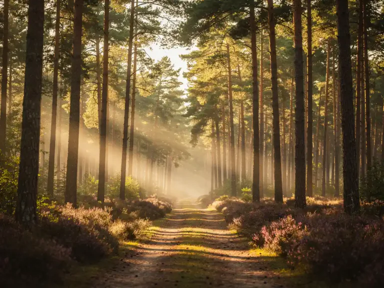 Bospad door hoge dennenbomen op de Veluwe, met ochtendmist, gouden zonlicht en paarse heide op de bosbodem.