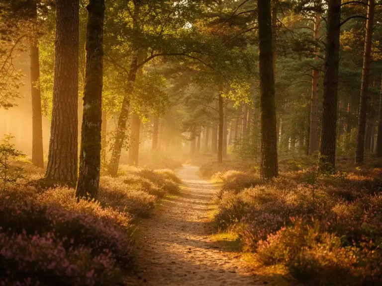Smal zandpad door de Veluwe met dennenbomen, ochtendmist en paarse heide in gouden zonsopganglicht.