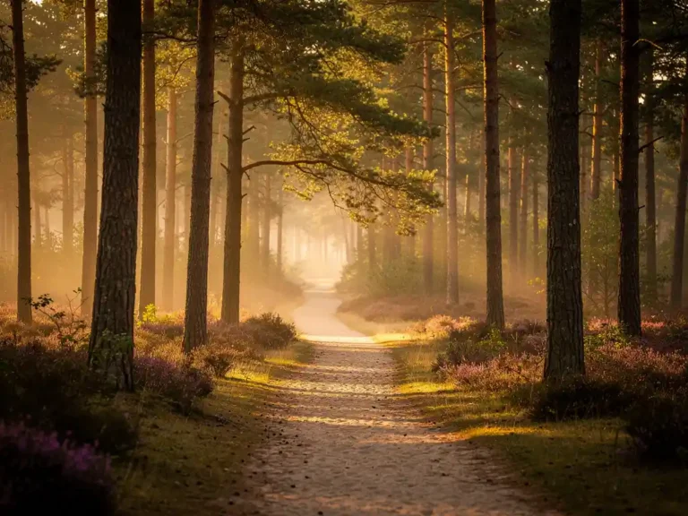 Smal zandpad door Veluwse dennenbossen met ochtendmist, gouden zonlicht door het bladerdak en paarse heide op de achtergrond.