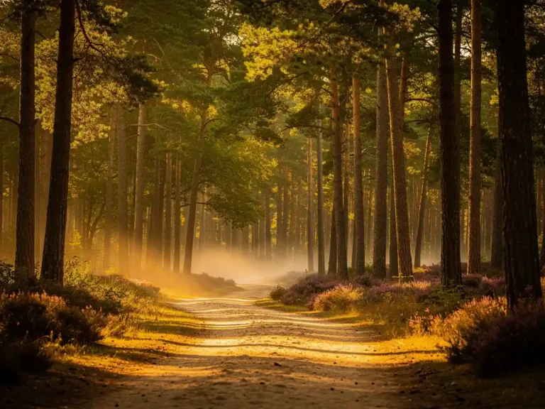 Zandpad door het Veluwse dennenbos met gouden ochtendlicht, paarse heide en lage grondmist tussen de bomen.