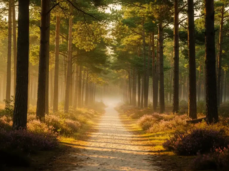 Zandpad door hoge dennenbomen op de Veluwe met gouden ochtendlicht, lange schaduwen en paarse heide tussen de bomen.
