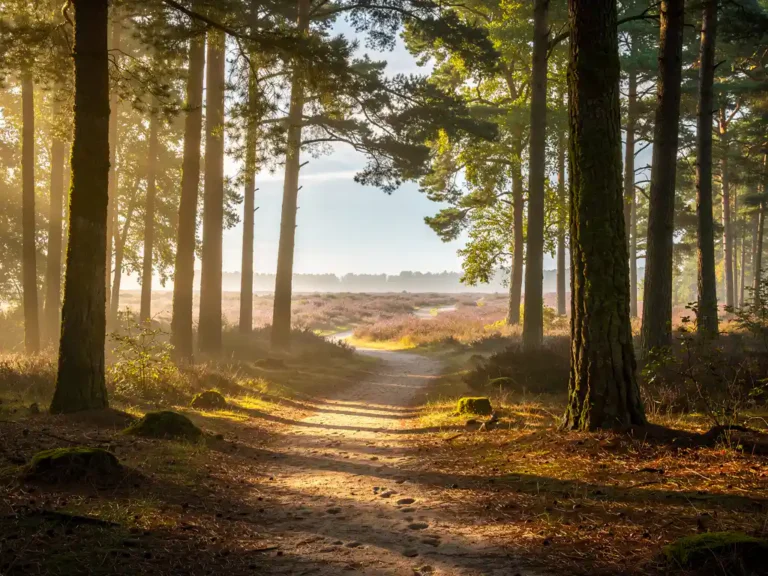 Zandpad door Veluwe dennenbos met ochtendmist, gouden zonlicht door het bladerdak en heideveld in de verte.