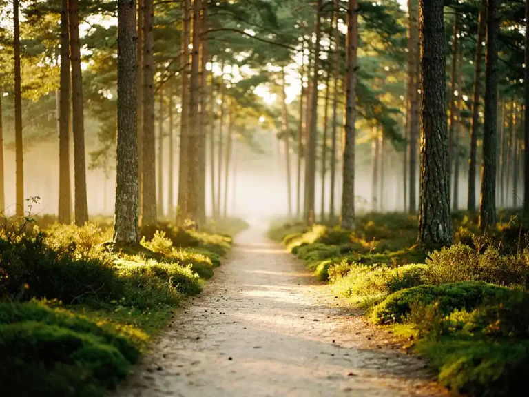 Bospad door hoge dennenbomen op de Veluwe, met gouden ochtendlicht door het bladerdak en lichte mist tussen de stammen.