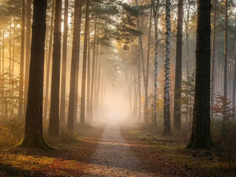 Mistig bospad op de Veluwe bij dageraad, met gouden ochtendlicht door dennen en berken en lage mist tussen de boomstammen.