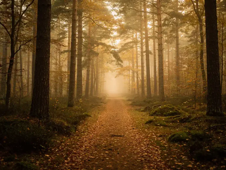 Mistig bospad op de Veluwe tussen hoge oude dennenbomen, met gouden herfsttinten en een tapijt van gevallen bladeren.