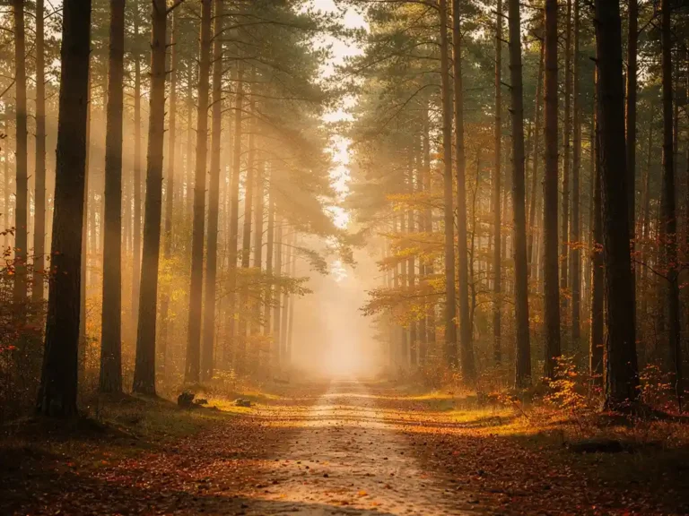 Mistig bospad op de Veluwe tussen hoge dennenbomen, met gouden herfstlicht en gevallen bladeren op de zandbodem.