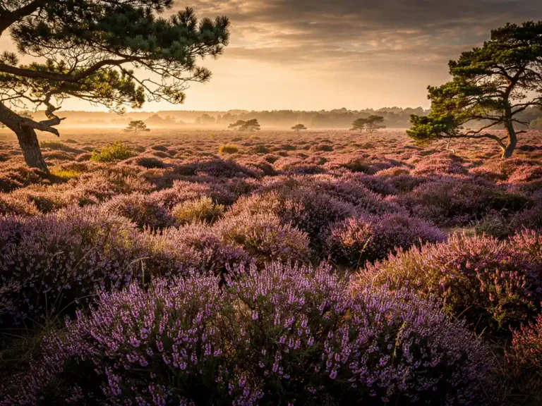 Uitgestrekte paarse heide op de Veluwe in gouden middaglicht, omzoomd door oude verweerde dennenbomen onder een dramatische lucht.