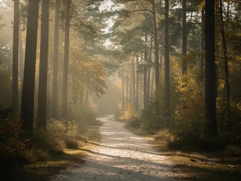 Zandpad door Scots dennenbos op de Veluwe, met ochtendmist tussen de stammen en gouden herfstlicht dat lange schaduwen werpt.