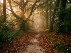 Oud beukenbos op de Veluwe in gouden uurtje, amberkleurig herfstlicht door hoge boomkruinen op een zandpad met koperkleurige bladeren.