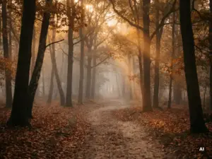 Mistig herfstpad op de Veluwe met gouden berken en eiken, warme ochtendzon door het bladerdak en roestige bladeren op de bosbodem.