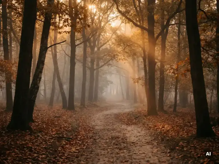 Mistig herfstpad op de Veluwe met gouden berken en eiken, warme ochtendzon door het bladerdak en roestige bladeren op de bosbodem.