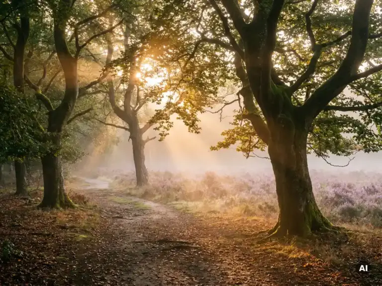 Mistig beukenbos op de Veluwe met gouden ochtendlicht door lage mist, paarse heide langs een kronkelend bospad.
